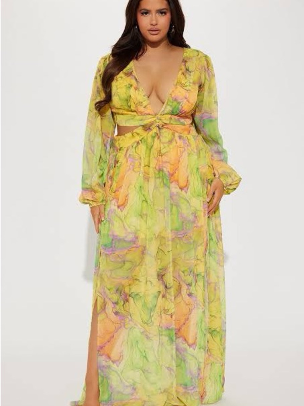 Fashion Nova Yellow Marble Tie-Front Maxi Dress